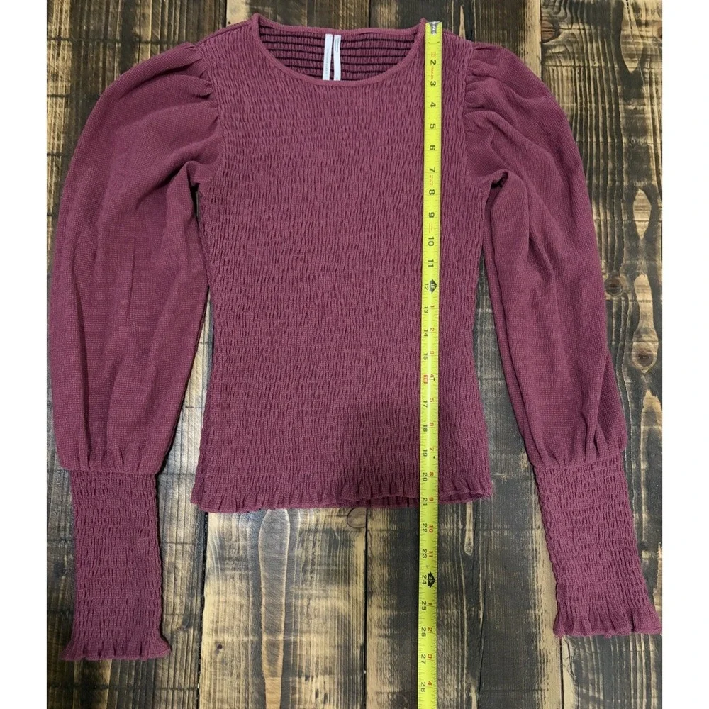 Anthropologie XS Smocked Puff Sleeve Top Burgundy Ruffle Romantic Boho Blouse